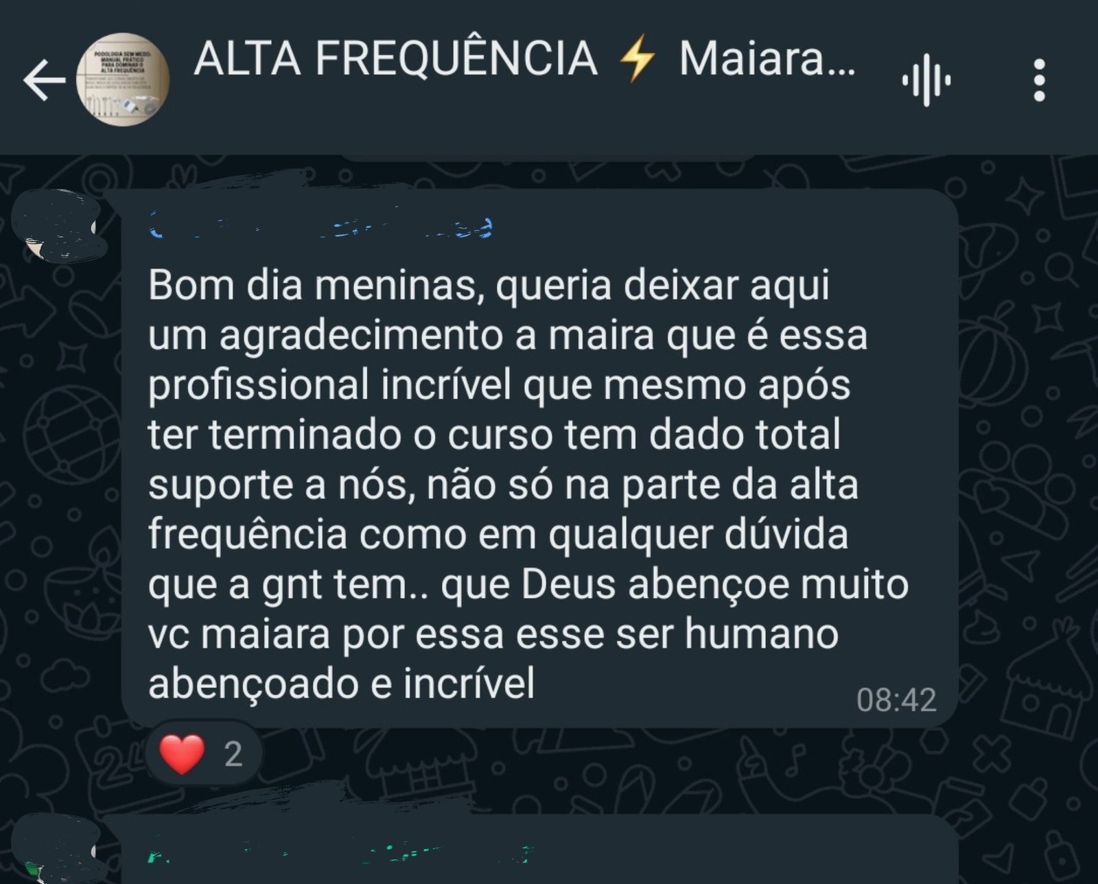 Depoimento de aluna sobre o suporte da Maiara